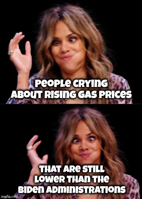 Lovely Halle Berry | People crying about rising Gas prices that are still lower than the Biden administrations | image tagged in lovely halle berry | made w/ Imgflip meme maker