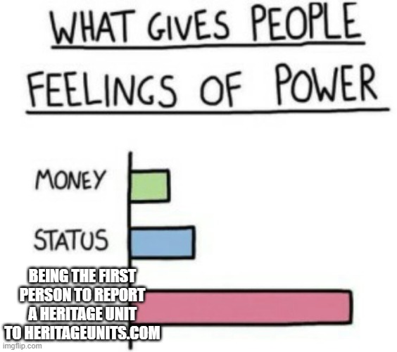 DID SOMEBODY SAY HERITAGE UNITS!!!!??? | BEING THE FIRST PERSON TO REPORT A HERITAGE UNIT TO HERITAGEUNITS.COM | image tagged in what gives people feelings of power | made w/ Imgflip meme maker