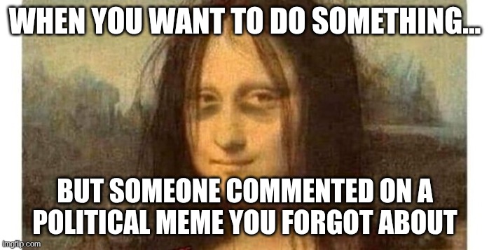 Tired Mona Lisa | WHEN YOU WANT TO DO SOMETHING... BUT SOMEONE COMMENTED ON A POLITICAL MEME YOU FORGOT ABOUT | image tagged in tired mona lisa | made w/ Imgflip meme maker