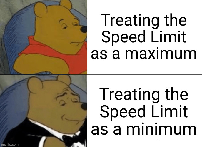city speed limits, not cosmic speed limits | Treating the
Speed Limit
as a maximum; Treating the
Speed Limit
as a minimum | image tagged in memes,tuxedo winnie the pooh | made w/ Imgflip meme maker