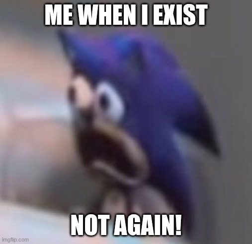 Traumatised Sonic | ME WHEN I EXIST; NOT AGAIN! | image tagged in traumatised sonic | made w/ Imgflip meme maker