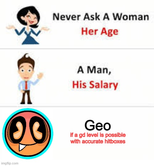 never ask... | Geo; if a gd level is possible with accurate hitboxes | image tagged in never ask a woman her age,geo,is it possible with accurate hitboxes | made w/ Imgflip meme maker
