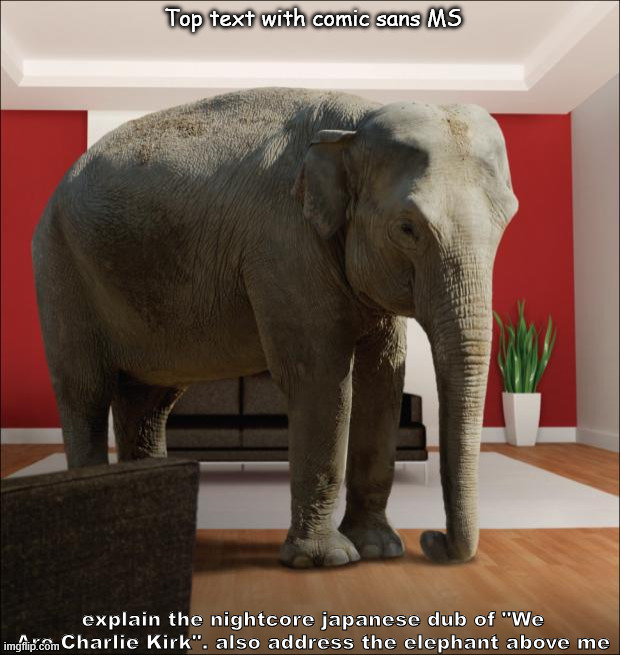 explain the | Top text with comic sans MS; explain the nightcore japanese dub of "We Are Charlie Kirk". also address the elephant above me | image tagged in the elephant in the room | made w/ Imgflip meme maker