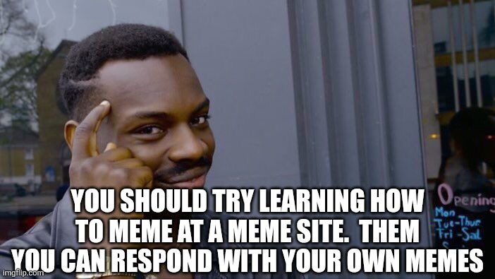 Roll Safe Think About It Meme | YOU SHOULD TRY LEARNING HOW TO MEME AT A MEME SITE.  THEM YOU CAN RESPOND WITH YOUR OWN MEMES | image tagged in memes,roll safe think about it | made w/ Imgflip meme maker