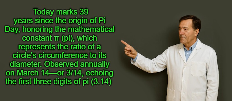lew | Today marks 39 years since the origin of Pi Day, honoring the mathematical constant π (pi), which represents the ratio of a circle's circumference to its diameter. Observed annually on March 14—or 3/14, echoing the first three digits of pi (3.14) | image tagged in lew | made w/ Imgflip meme maker