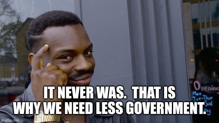 Roll Safe Think About It Meme | IT NEVER WAS.  THAT IS WHY WE NEED LESS GOVERNMENT. | image tagged in memes,roll safe think about it | made w/ Imgflip meme maker