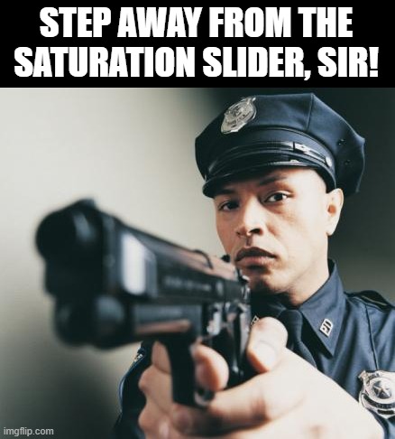 Yall need to chill out with the filters | STEP AWAY FROM THE SATURATION SLIDER, SIR! | image tagged in police man with a gun | made w/ Imgflip meme maker