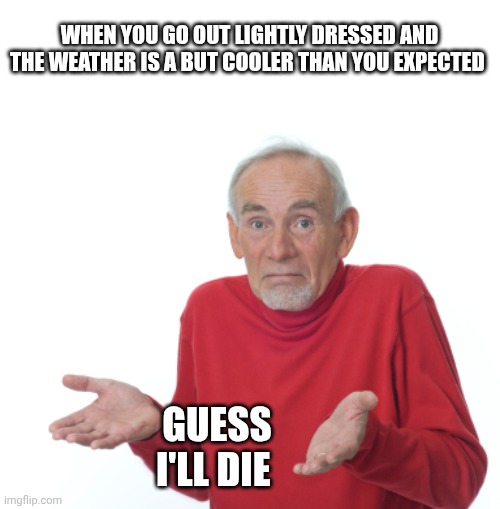 Guess I'll die  | WHEN YOU GO OUT LIGHTLY DRESSED AND THE WEATHER IS A BUT COOLER THAN YOU EXPECTED; GUESS I'LL DIE | image tagged in guess i'll die | made w/ Imgflip meme maker