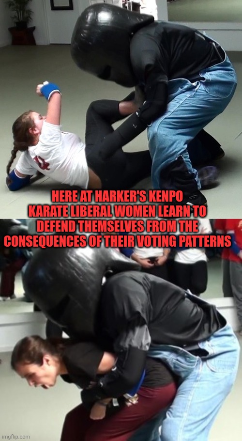 HERE AT HARKER'S KENPO KARATE LIBERAL WOMEN LEARN TO DEFEND THEMSELVES FROM THE CONSEQUENCES OF THEIR VOTING PATTERNS | image tagged in funny memes | made w/ Imgflip meme maker