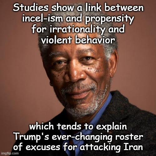 Just sayin' | Studies show a link between
incel-ism and propensity
for irrationality and
violent behavior; which tends to explain
Trump's ever-changing roster
of excuses for attacking Iran | image tagged in morgan freeman,just sayin',trump unfit unqualified dangerous,incel | made w/ Imgflip meme maker