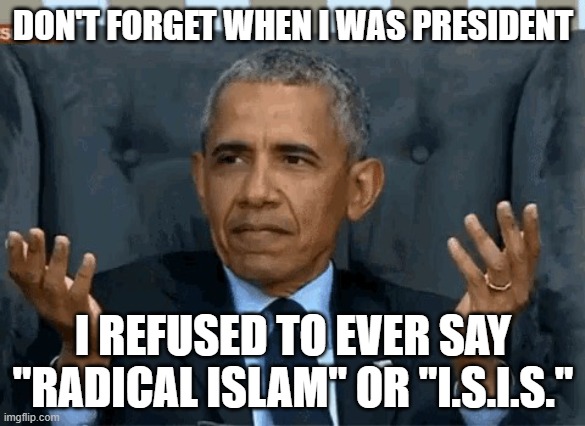 Barack Obama shrug | DON'T FORGET WHEN I WAS PRESIDENT; I REFUSED TO EVER SAY "RADICAL ISLAM" OR "I.S.I.S." | image tagged in barack obama shrug | made w/ Imgflip meme maker