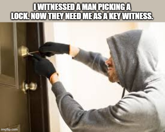 I witnessed a man picking a lock. Now they need me as a "key" witness. | I WITNESSED A MAN PICKING A LOCK. NOW THEY NEED ME AS A KEY WITNESS. | image tagged in funny,humor,pun,play on words,crime,witnesses | made w/ Imgflip meme maker
