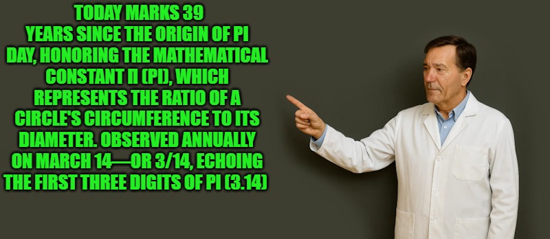 TODAY MARKS 39 YEARS SINCE THE ORIGIN OF PI DAY, HONORING THE MATHEMATICAL CONSTANT Π (PI), WHICH REPRESENTS THE RATIO OF A CIRCLE'S CIRCUMFERENCE TO ITS DIAMETER. OBSERVED ANNUALLY ON MARCH 14—OR 3/14, ECHOING THE FIRST THREE DIGITS OF PI (3.14) | made w/ Imgflip meme maker