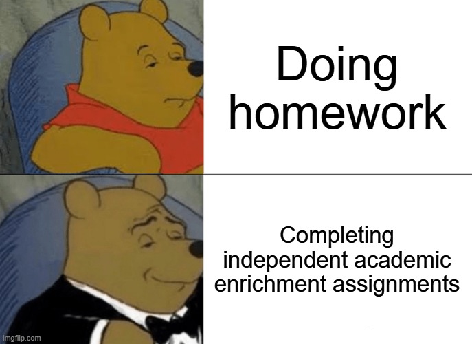 Tuxedo Winnie The Pooh Meme | Doing homework; Completing independent academic enrichment assignments | image tagged in memes,tuxedo winnie the pooh | made w/ Imgflip meme maker