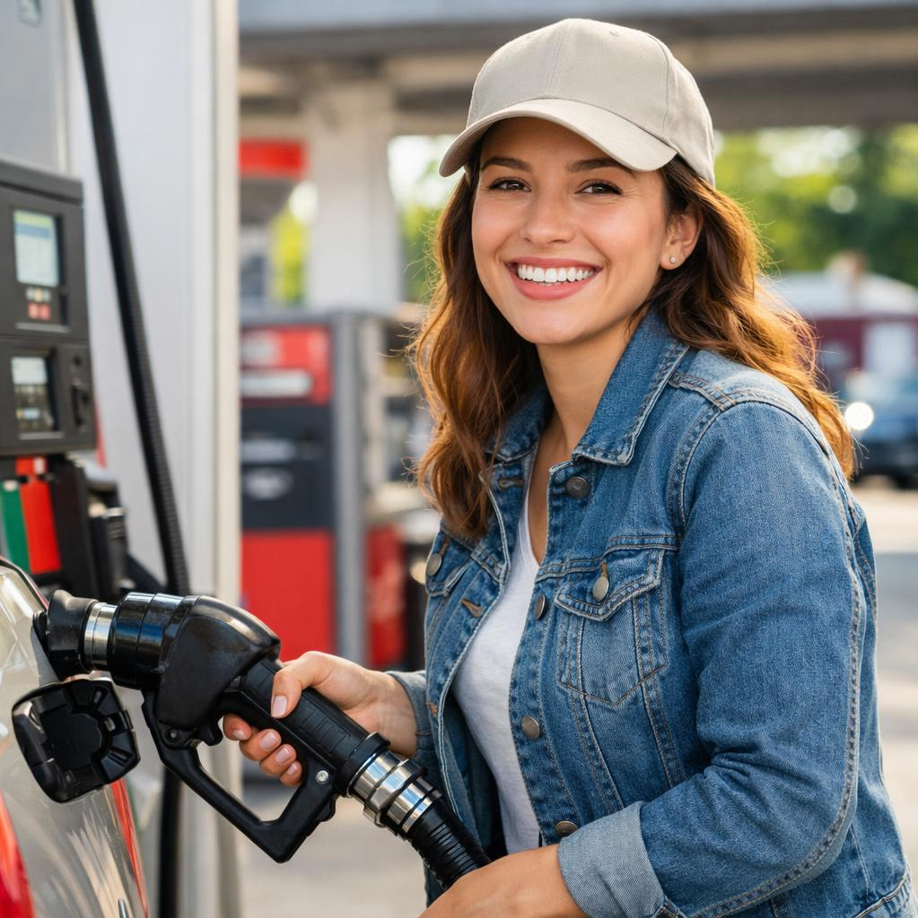 Smiling person pumping gasoline. Blank Meme Template