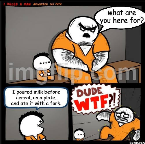 Srgrafo dude wtf | what are you here for? I poured milk before cereal, on a plate, and ate it with a fork. | image tagged in srgrafo dude wtf | made w/ Imgflip meme maker
