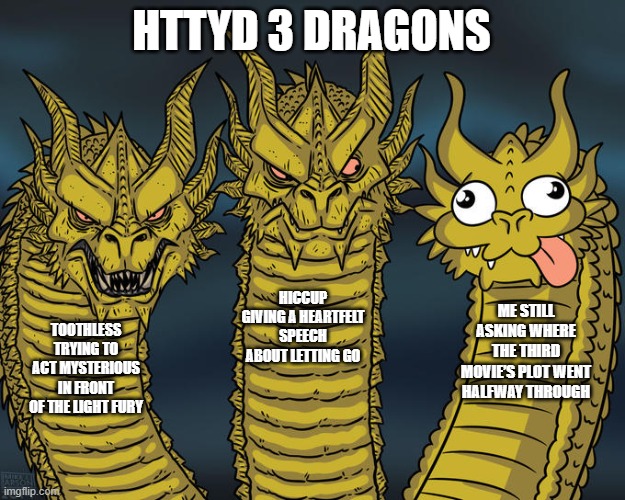 HTTYD 3 dragons | HTTYD 3 DRAGONS; HICCUP GIVING A HEARTFELT SPEECH ABOUT LETTING GO; ME STILL ASKING WHERE THE THIRD MOVIE’S PLOT WENT HALFWAY THROUGH; TOOTHLESS TRYING TO ACT MYSTERIOUS IN FRONT OF THE LIGHT FURY | image tagged in three-headed dragon,dreamworks | made w/ Imgflip meme maker
