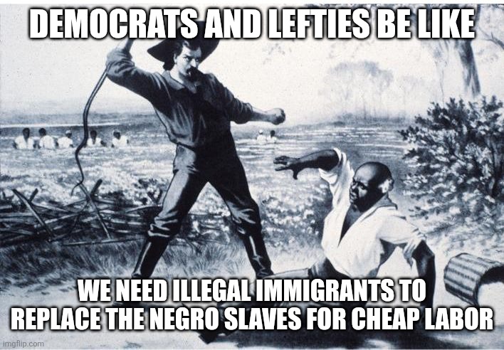 slave | DEMOCRATS AND LEFTIES BE LIKE WE NEED ILLEGAL IMMIGRANTS TO REPLACE THE NEGRO SLAVES FOR CHEAP LABOR | image tagged in slave | made w/ Imgflip meme maker