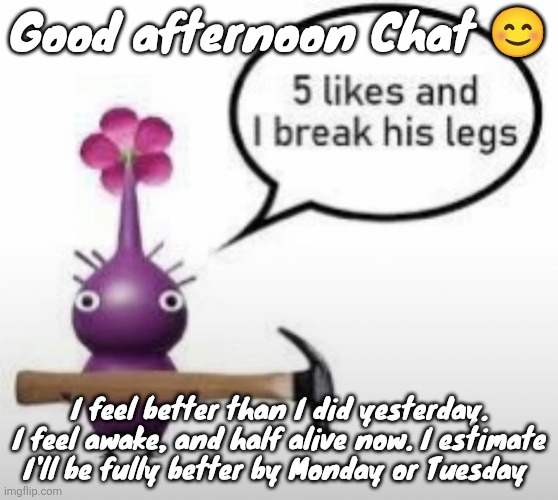 5 likes and I break his legs | Good afternoon Chat 😊; I feel better than I did yesterday. I feel awake, and half alive now. I estimate I'll be fully better by Monday or Tuesday | image tagged in 5 likes and i break his legs | made w/ Imgflip meme maker