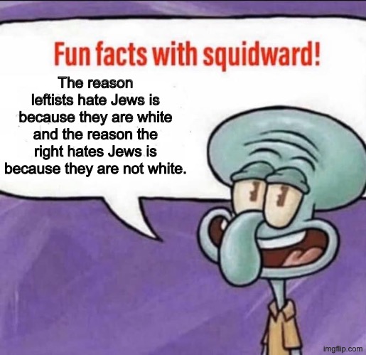 Not defending Israel’s actions, just something interesting I noticed | The reason leftists hate Jews is because they are white and the reason the right hates Jews is because they are not white. | image tagged in fun facts with squidward | made w/ Imgflip meme maker