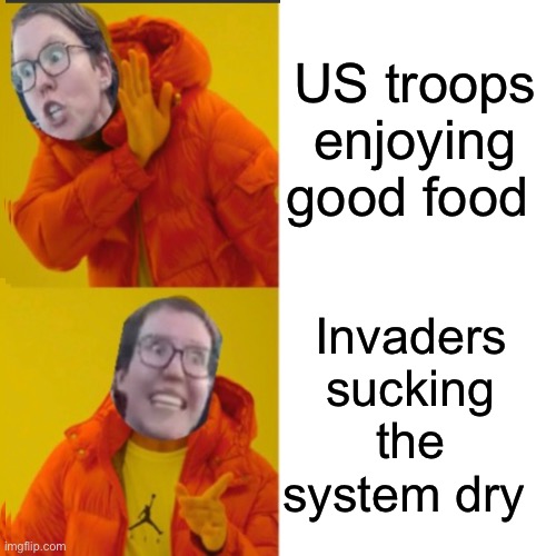 Parasitic politics | US troops enjoying good food; Invaders sucking the system dry | image tagged in memes,drake hotline bling,politics lol,progressive | made w/ Imgflip meme maker