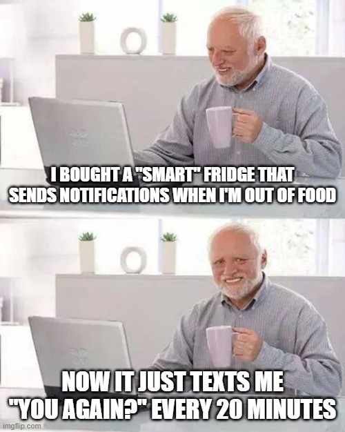 Smart Fridge | I BOUGHT A "SMART" FRIDGE THAT SENDS NOTIFICATIONS WHEN I'M OUT OF FOOD; NOW IT JUST TEXTS ME "YOU AGAIN?" EVERY 20 MINUTES | image tagged in memes,hide the pain harold | made w/ Imgflip meme maker