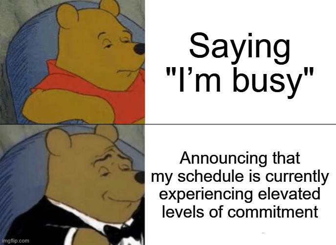 I'm Busy | Saying "I’m busy"; Announcing that my schedule is currently experiencing elevated levels of commitment | image tagged in memes,tuxedo winnie the pooh | made w/ Imgflip meme maker