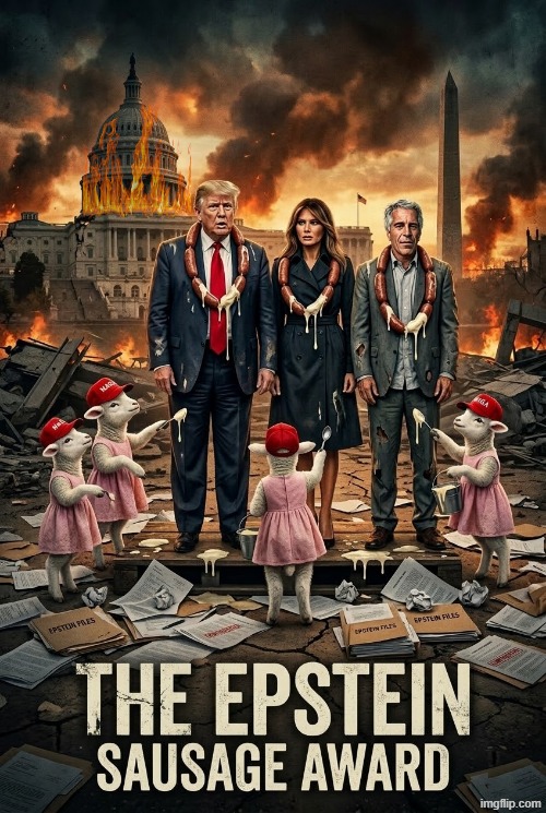 THE EPSTEIN SAUSAGE AWARD | image tagged in trump,melania trump,jeffrey epstein,sausage,award,sausage party | made w/ Imgflip meme maker