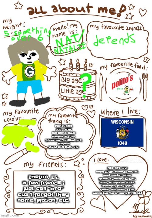 all about meh | Planet DOB, JSR / JSRF, Bio-Dome, Dude Where's My Car, Idiocracy, Ghostbusters, Wayne's World Hi-Fi Rush, etc. Easton, Eli, a few friends i just call "bro" cuz I forgot they name, Mason, etc. 80's, 90's, and early 2000's comedy movies, cool random video games, summer, slushies, pizza, trampoline parks, swimming, road trips, guitar, and more. I just wanna live like an early 2000s kid | image tagged in all about meh | made w/ Imgflip meme maker