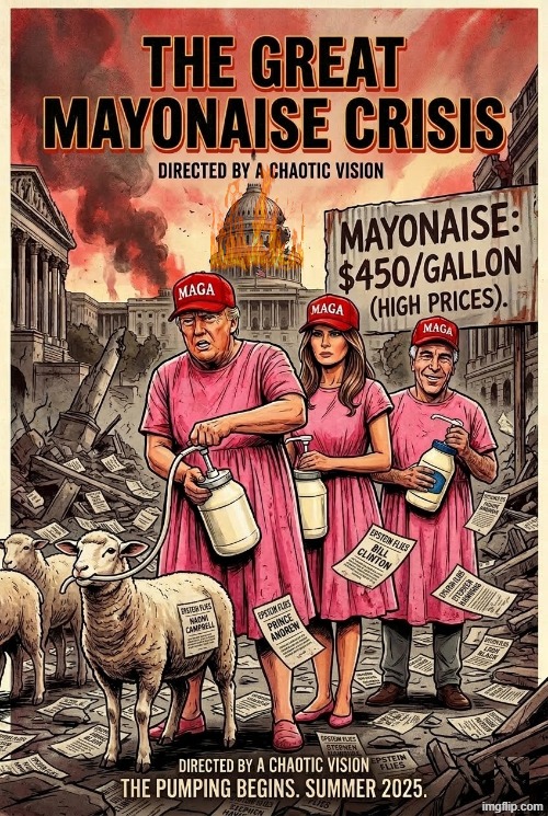 THE GREAT MAYONAISE CRISIS | image tagged in trump,melania trump,jeffrey epstein,mayonnaise,crisis,inflation | made w/ Imgflip meme maker