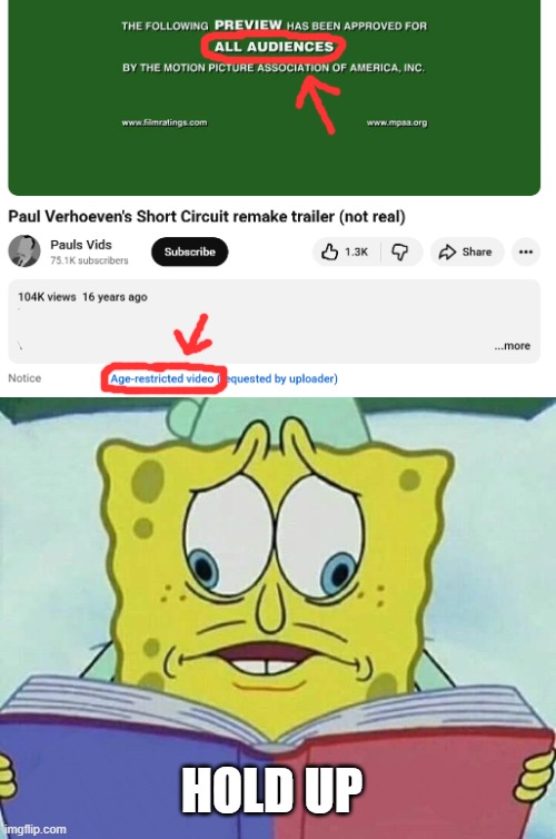 Uh, age rating is lied to me... | HOLD UP | image tagged in cross eyed spongebob,ratings,spongebob,youtube,wrong,confusion | made w/ Imgflip meme maker
