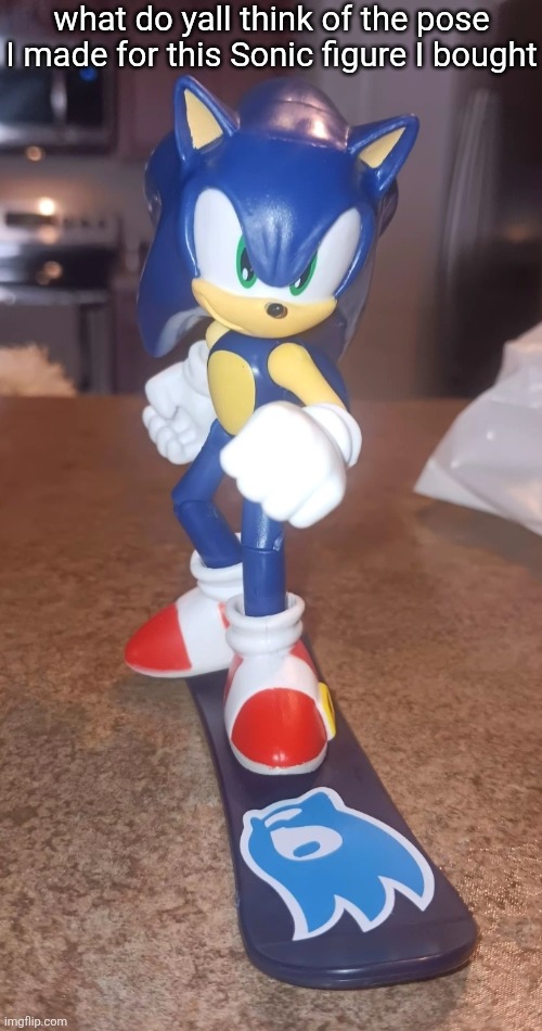 I got this one because it came with a snowboard thing that can attach to the foot and I saw the potential for posing | what do yall think of the pose I made for this Sonic figure I bought | made w/ Imgflip meme maker
