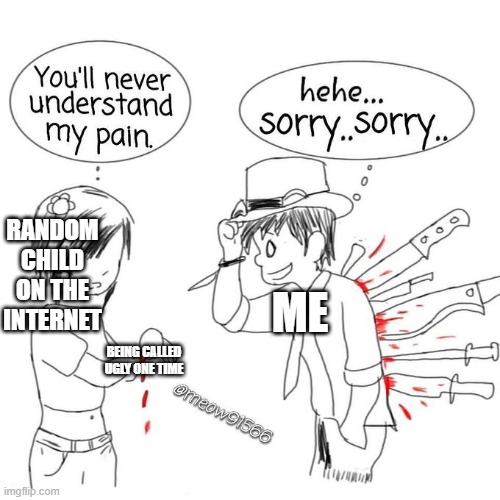 You'll never understand my pain | RANDOM CHILD ON THE INTERNET; ME; BEING CALLED UGLY ONE TIME | image tagged in you'll never understand my pain | made w/ Imgflip meme maker