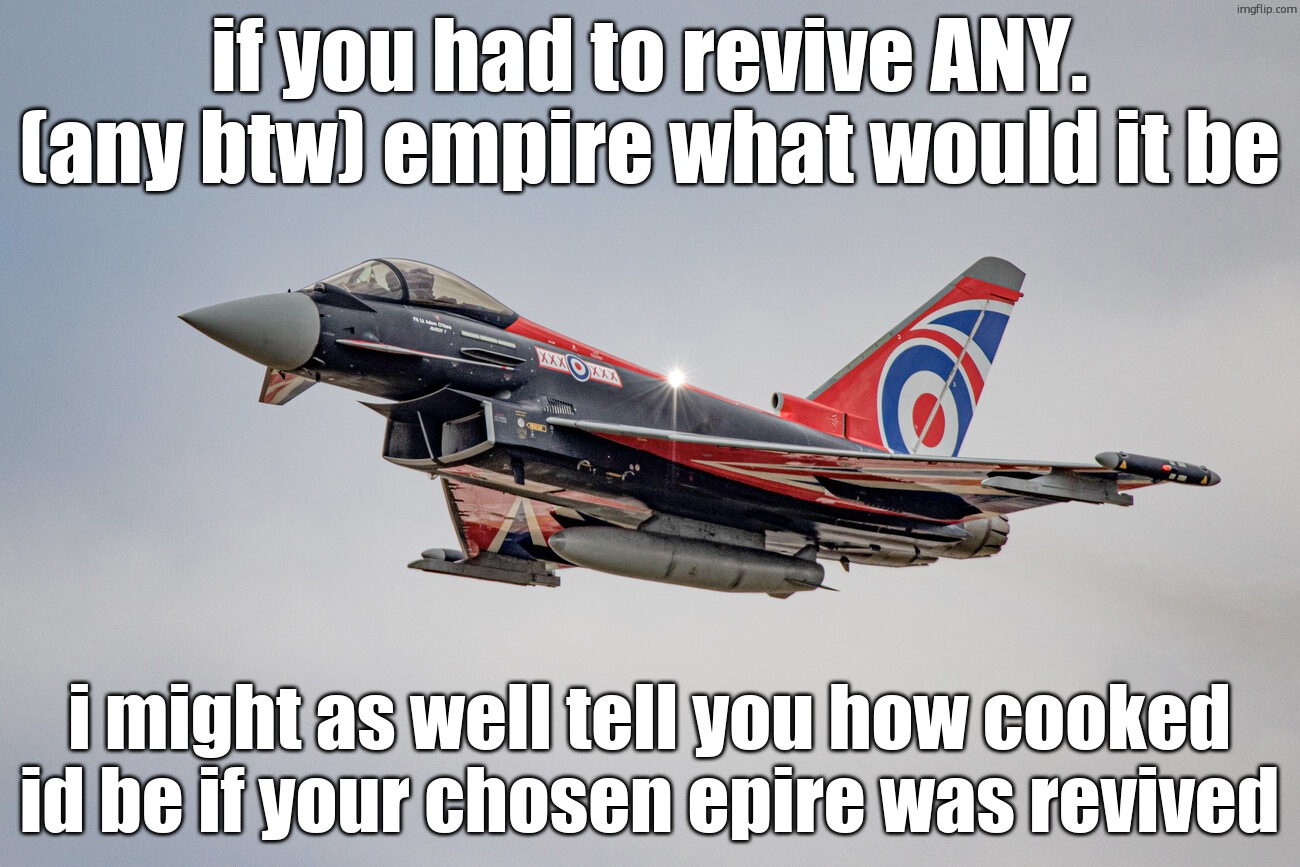 Eurofighter Typhoon Blackjack livery | if you had to revive ANY. (any btw) empire what would it be; i might as well tell you how cooked id be if your chosen epire was revived | image tagged in eurofighter typhoon blackjack livery | made w/ Imgflip meme maker