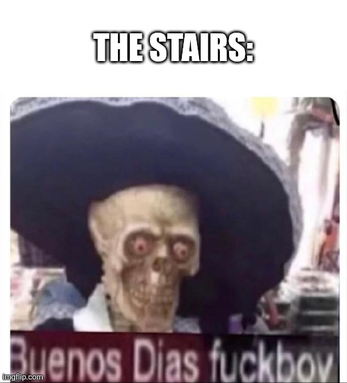 Buenos Dias Skeleton | THE STAIRS: | image tagged in buenos dias skeleton | made w/ Imgflip meme maker
