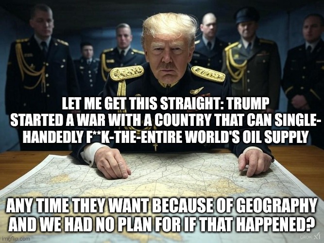 Born rich, not smart | LET ME GET THIS STRAIGHT: TRUMP STARTED A WAR WITH A COUNTRY THAT CAN SINGLE- HANDEDLY F**K-THE-ENTIRE WORLD'S OIL SUPPLY; ANY TIME THEY WANT BECAUSE OF GEOGRAPHY AND WE HAD NO PLAN FOR IF THAT HAPPENED? | image tagged in war trump military dictator warmonger evil,trump unfit unqualified dangerous,donald trump,inflation,war criminal | made w/ Imgflip meme maker