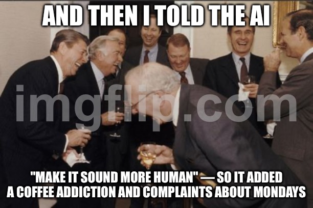 AND THEN I TOLD THE AI; "MAKE IT SOUND MORE HUMAN" — SO IT ADDED A COFFEE ADDICTION AND COMPLAINTS ABOUT MONDAYS | AND THEN I TOLD THE AI; "MAKE IT SOUND MORE HUMAN" — SO IT ADDED A COFFEE ADDICTION AND COMPLAINTS ABOUT MONDAYS | image tagged in memes,laughing men in suits,mondays,i hate mondays,artificial intelligence,coffee addict | made w/ Imgflip meme maker