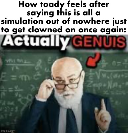 actually genius | How toady feels after saying this is all a simulation out of nowhere just to get clowned on once again: | image tagged in actually genius | made w/ Imgflip meme maker