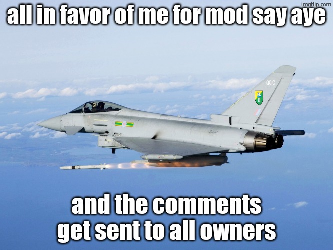 Eurofighter missile | all in favor of me for mod say aye; and the comments get sent to all owners | image tagged in eurofighter missile | made w/ Imgflip meme maker