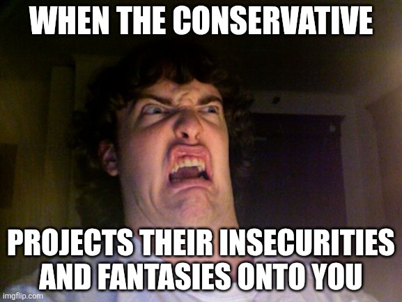 WHEN THE CONSERVATIVE PROJECTS THEIR INSECURITIES AND FANTASIES ONTO YOU | image tagged in memes,oh no | made w/ Imgflip meme maker