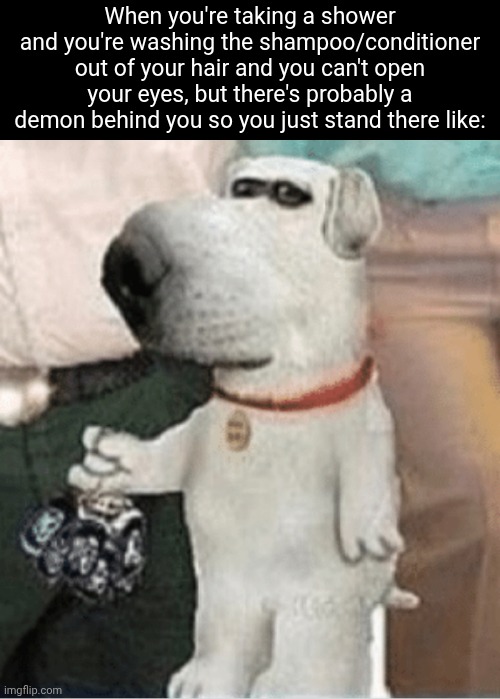 Shower demon | When you're taking a shower and you're washing the shampoo/conditioner out of your hair and you can't open your eyes, but there's probably a demon behind you so you just stand there like: | image tagged in realistic brian | made w/ Imgflip meme maker
