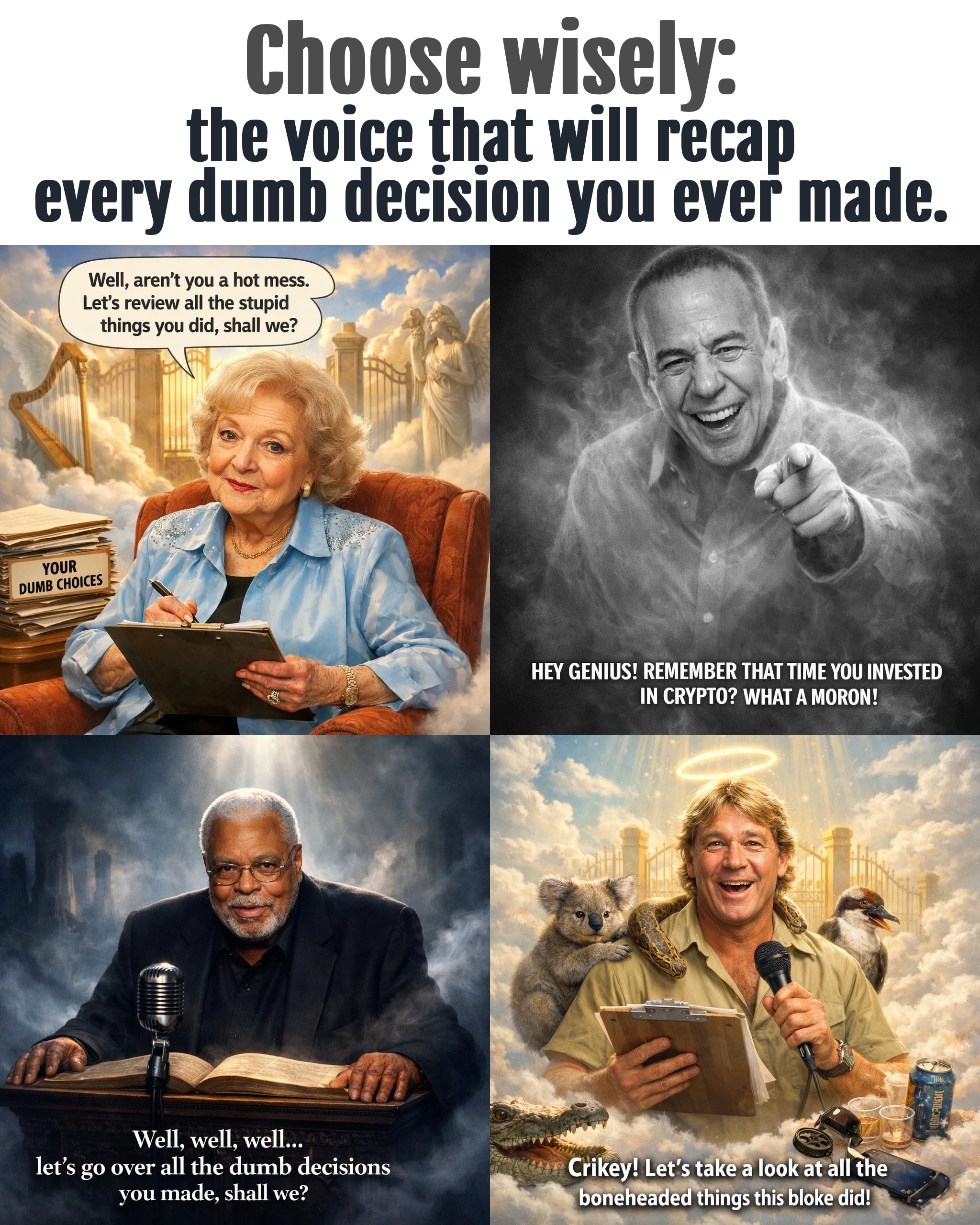 The roast of your life | Choose wisely:; the voice that will recap every dumb decision you ever made. | image tagged in life | made w/ Imgflip meme maker