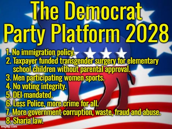 Everything America does NOT want is what Democrats stand for. | The Democrat Party Platform 2028; 1. No immigration policy.
2. Taxpayer funded transgender surgery for elementary
    school children without parental approval.
3. Men participating women sports.
4. No voting integrity.
5. DEI mandated.
6. Less Police, more crime for all.
7. More government corruption, waste, fraud and abuse.
8. Sharia law. | image tagged in democrats the party of nothing,hating trump is not a party platform | made w/ Imgflip meme maker