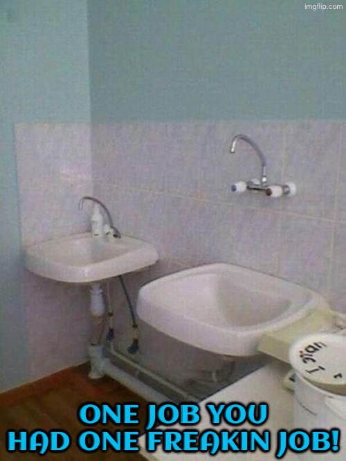 Only a total ignoramus could screw this job up | ONE JOB YOU HAD ONE FREAKIN JOB! | image tagged in you had one job,task failed successfully,public restrooms,sink,duhhh dumbass,do you are have stupid | made w/ Imgflip meme maker