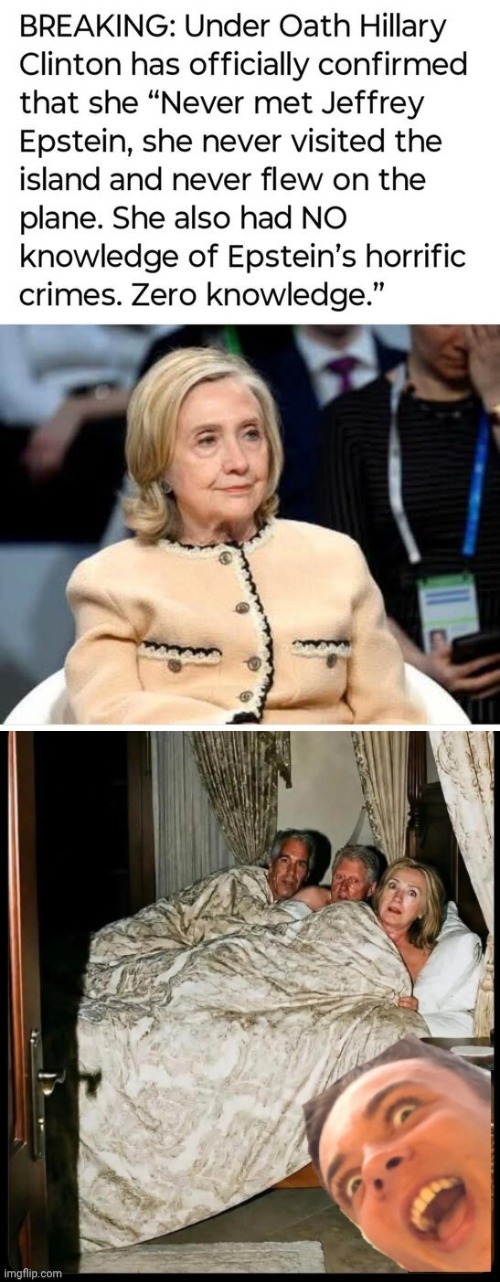 Hillary swore she never met Epstein | image tagged in hillary in bed with epstein,lying,hillary clinton | made w/ Imgflip meme maker