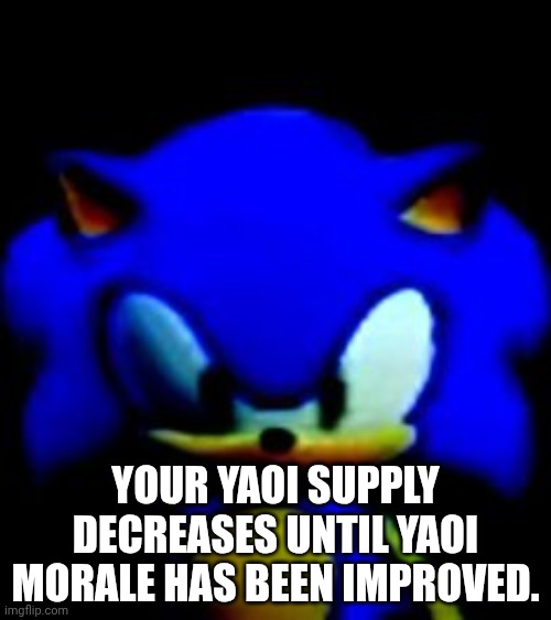 /j | YOUR YAOI SUPPLY DECREASES UNTIL YAOI MORALE HAS BEEN IMPROVED. | image tagged in sonic stare | made w/ Imgflip meme maker