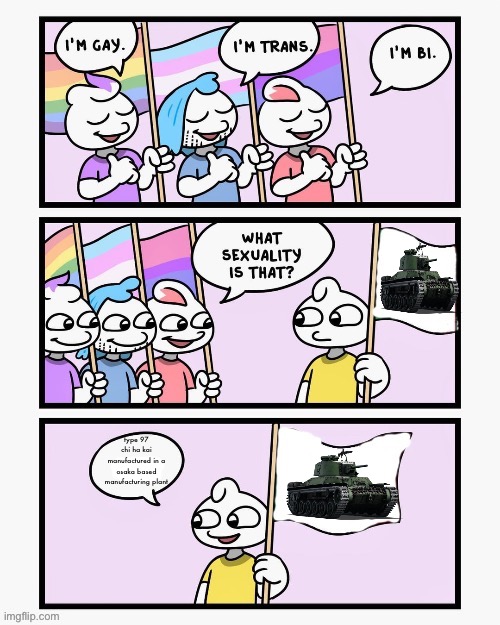 Have another unfunny chi ha kai meme (gn, youse guys) | type 97 chi ha kai manufactured in a osaka based manufacturing plant | image tagged in what sexuality is that | made w/ Imgflip meme maker