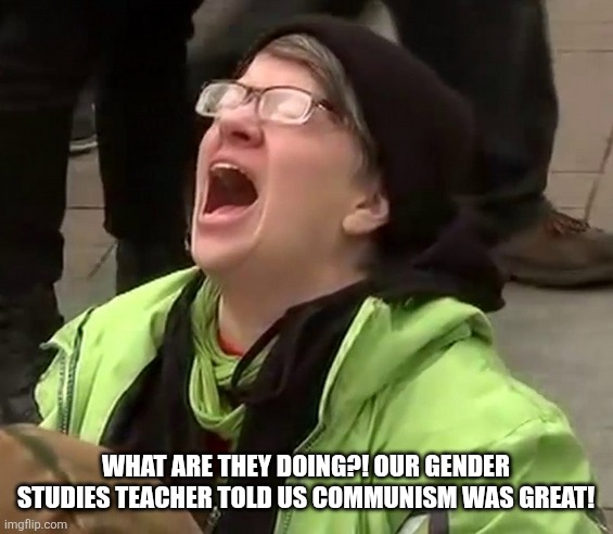 Crying liberal | WHAT ARE THEY DOING?! OUR GENDER STUDIES TEACHER TOLD US COMMUNISM WAS GREAT! | image tagged in crying liberal | made w/ Imgflip meme maker