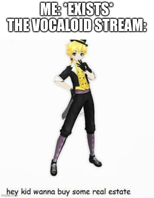 iykyk | ME: *EXISTS*
THE VOCALOID STREAM: | image tagged in hey kid wanna buy some real estate | made w/ Imgflip meme maker