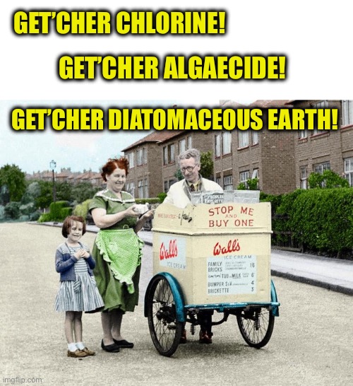 GET’CHER CHLORINE! GET’CHER DIATOMACEOUS EARTH! GET’CHER ALGAECIDE! | image tagged in ice cream man | made w/ Imgflip meme maker